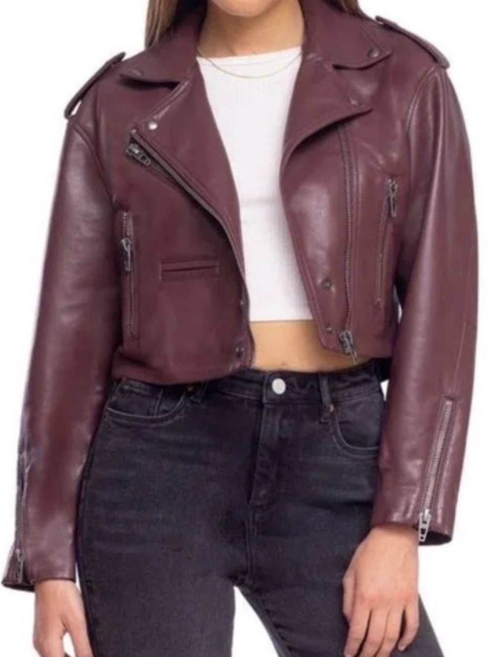 Blank NYC Women's Burgundy Cropped Moto Jacket